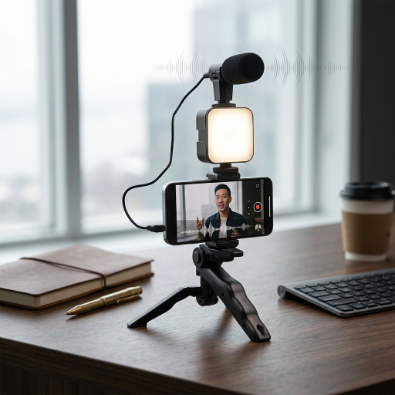Smartphone Vlogging Kit with LED Light, Microphone & Mini Tripod 