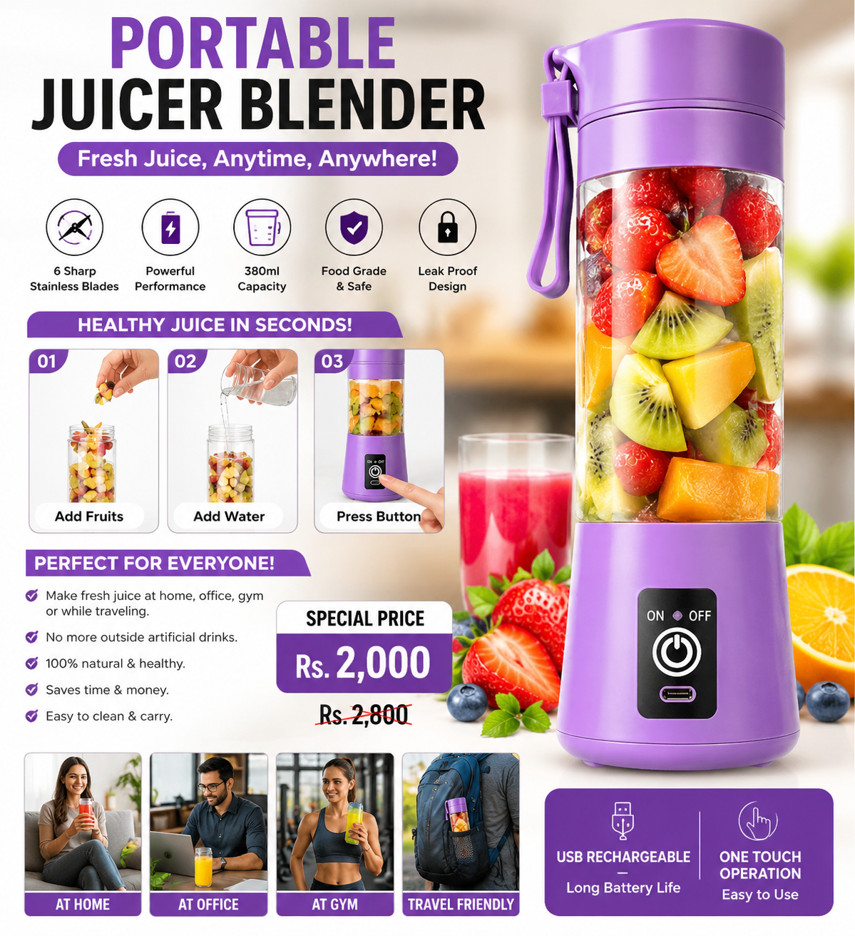 Portable USB Rechargeable Juicer Blender – 380ml Mini Smoothie & Fresh Juice Maker
