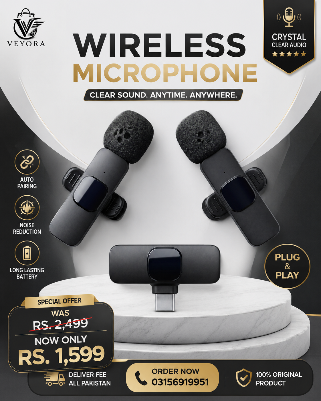 Black Wireless Microphone with USB-C Receiver – Compact Dual-Mic System
