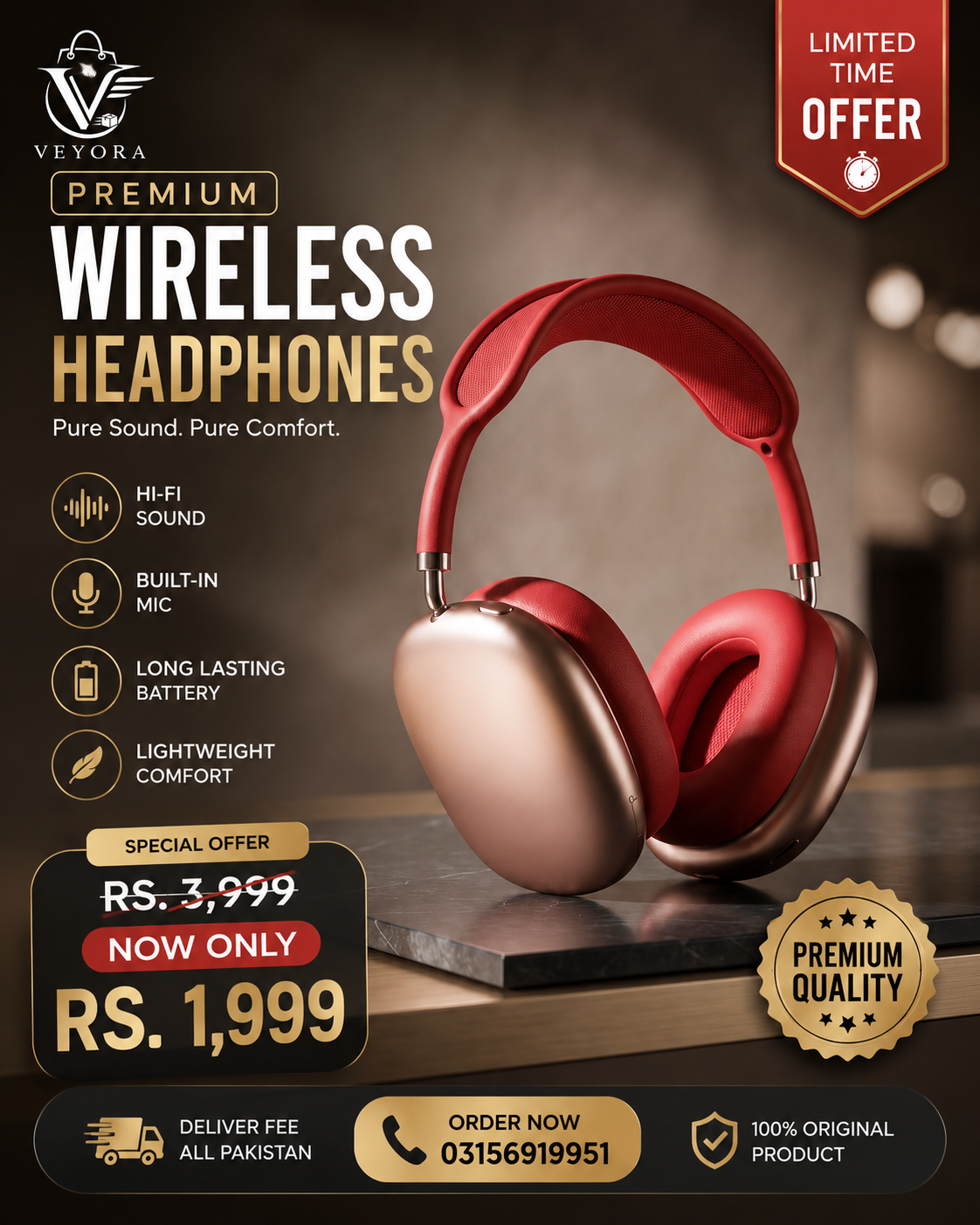 Rose Gold Wireless Over-Ear Headphones with Red Cushioned Ear Cups