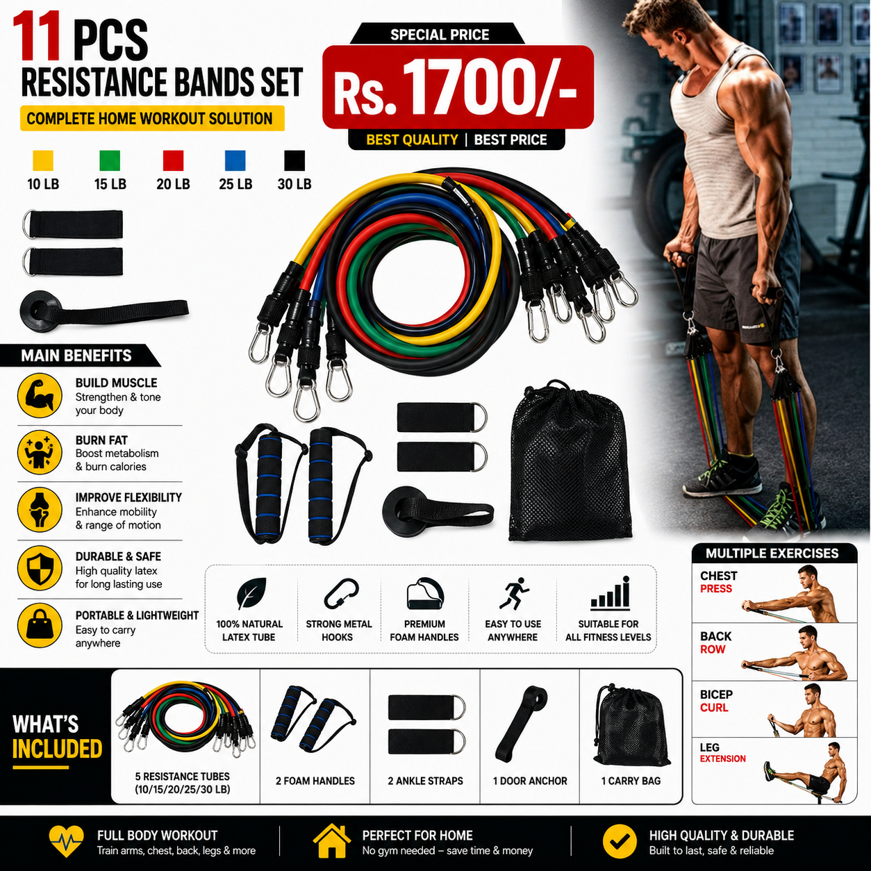 11 PCS Resistance Bands Set – Complete Home Workout Fitness Kit (10LB–30LB) with Handles, Door Anchor & Carry Bag