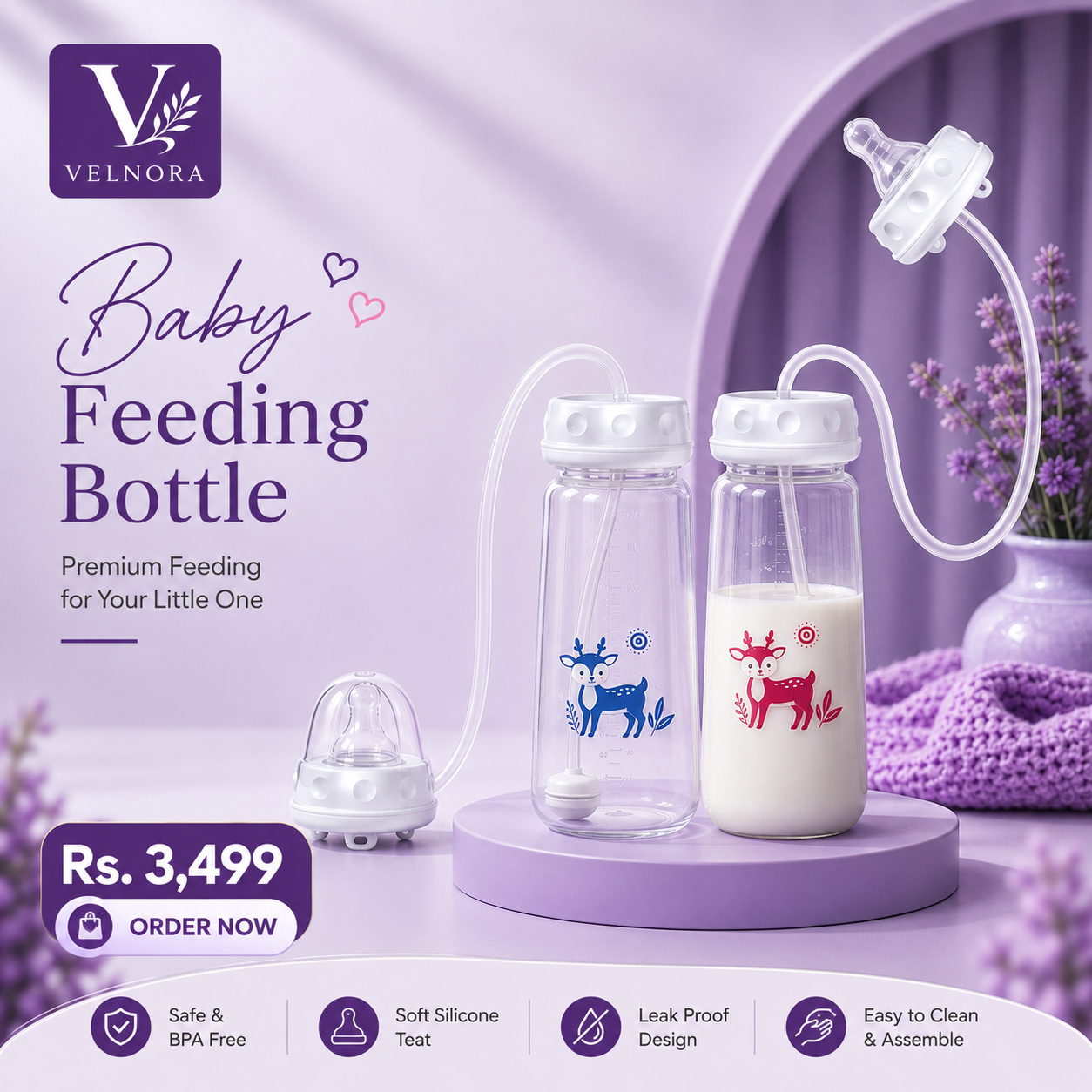 VELNORA Baby Feeding Bottle with Silicone Tube – Premium Baby Feeder
