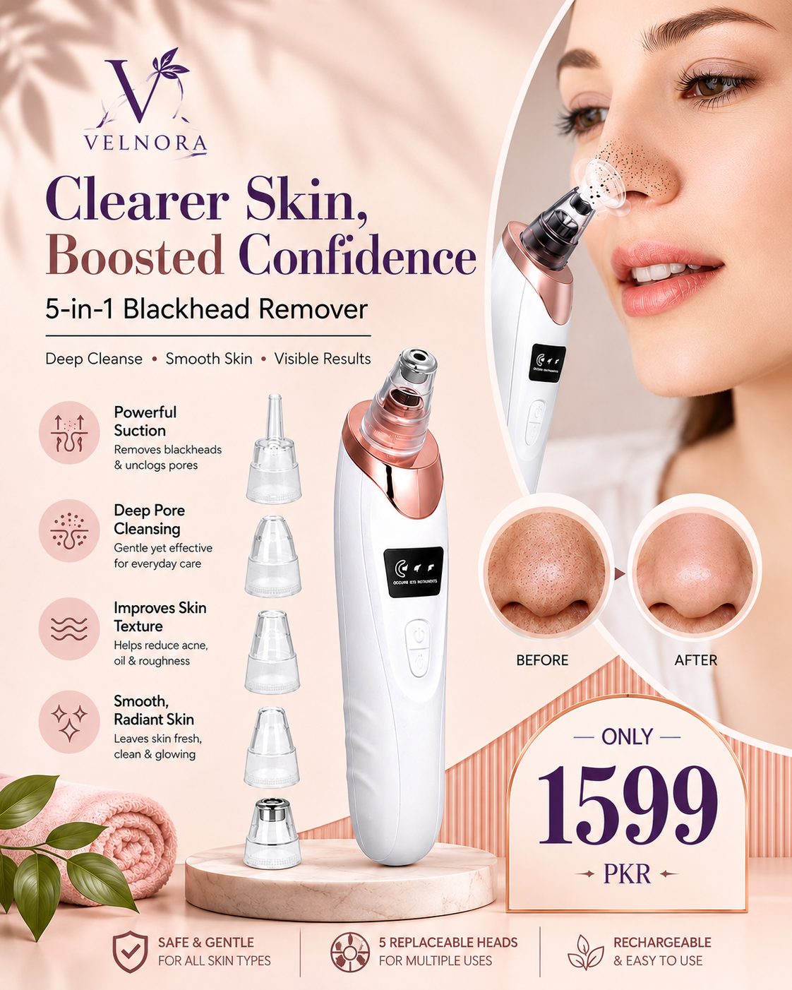 5-in-1 Blackhead Remover Pore Vacuum – Rechargeable Facial Cleaner