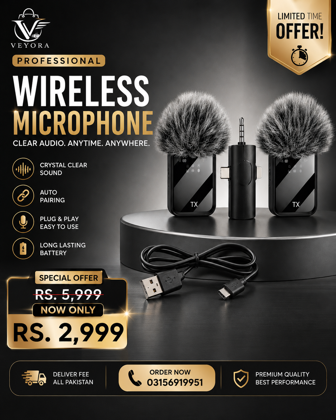 **F11-2 3-in-1 Wireless Microphone – Dual Mic Noise Cancelling Lavalier Microphone**
