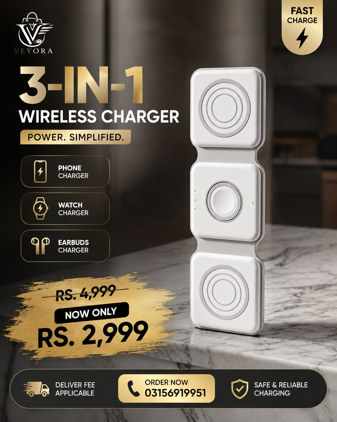 **Product Title:** **3-in-1 Wireless Charging Station – Fast Charging Stand for Smartphone, Smartwatch & Earbuds**