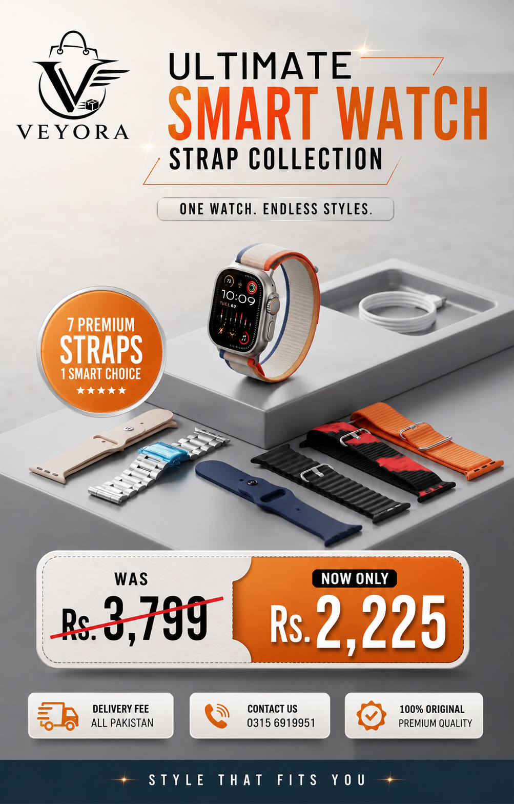 Ultra Smartwatch with 7-in-1 Strap Set, Premium Display & Accessories