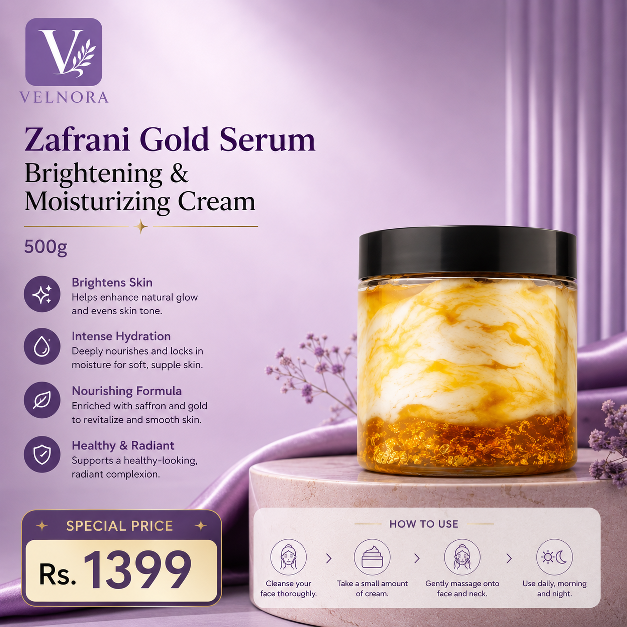 Zafrani Gold Serum Brightening & Moisturizing Cream 500g | Velnora