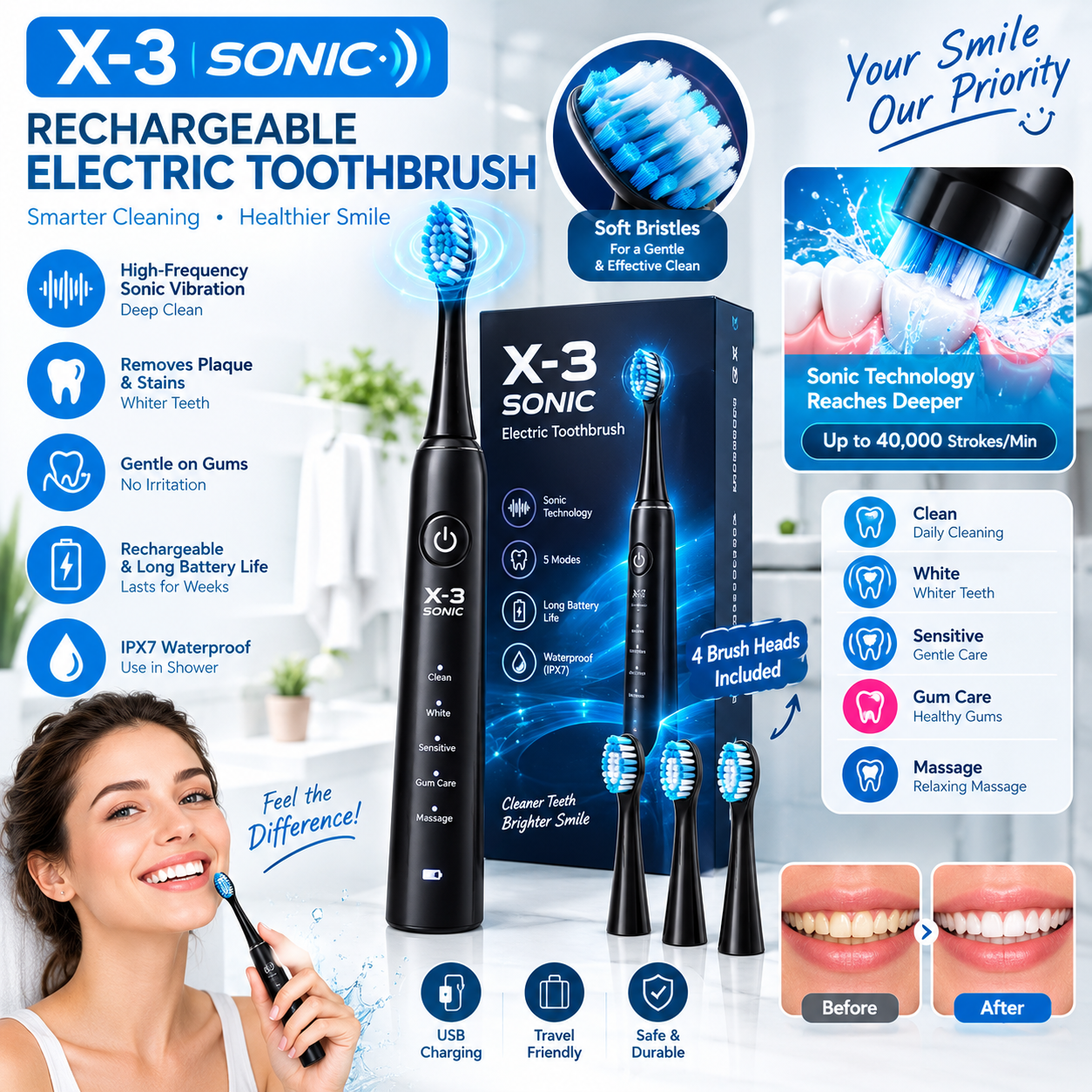 X-3 Sonic Rechargeable Electric Toothbrush – USB Fast Charging, Waterproof Teeth Whitening Brush with 2 Extra Heads