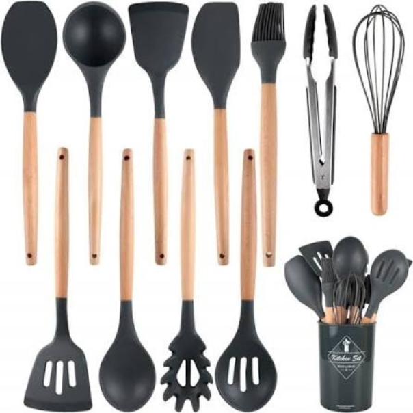 Silicone Kitchen Utensil Set, 12-Piece with Wooden Handles & Holder