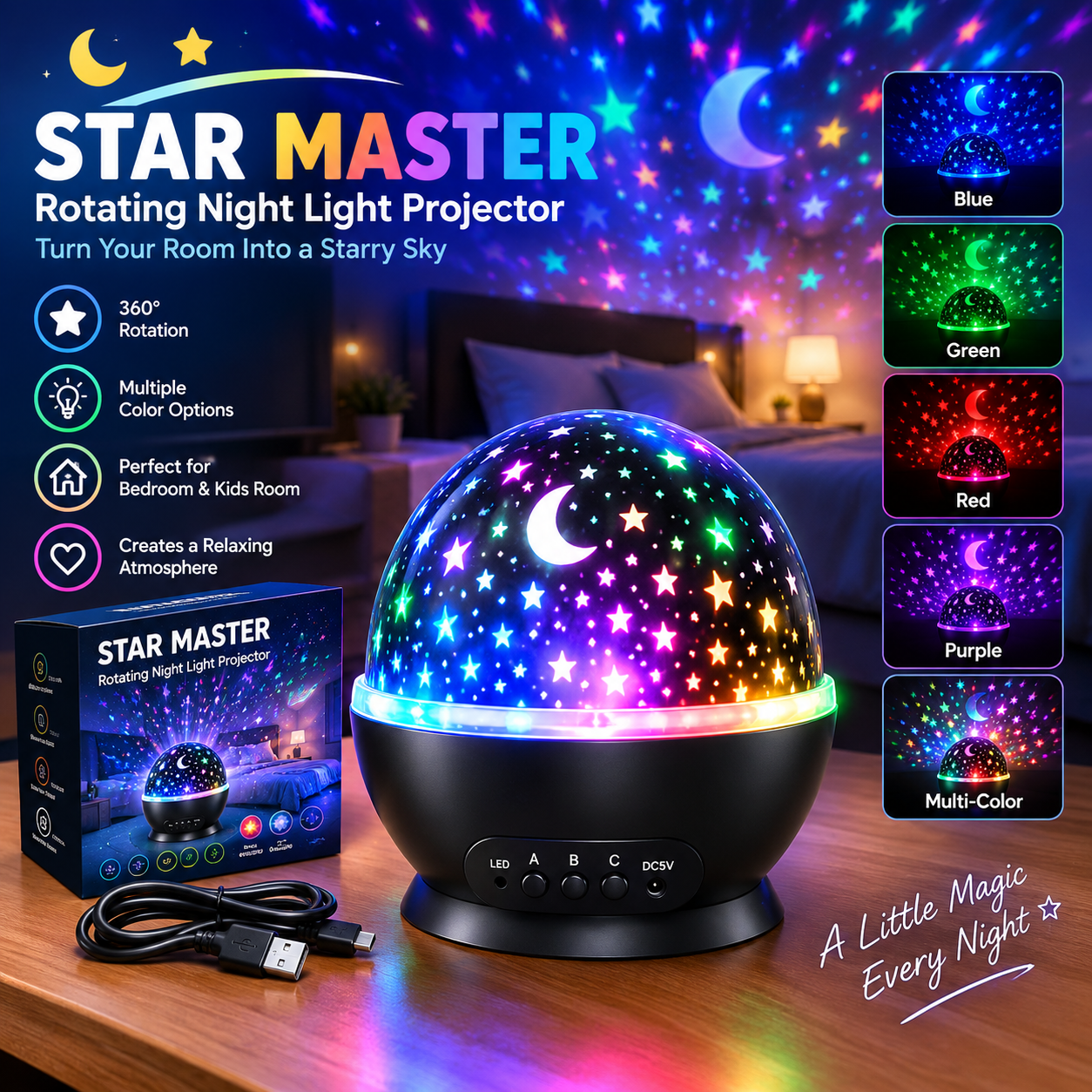 Star Master Rotating Night Light Projector – 360° Galaxy Star Sky LED Lamp for Bedroom & Kids Room