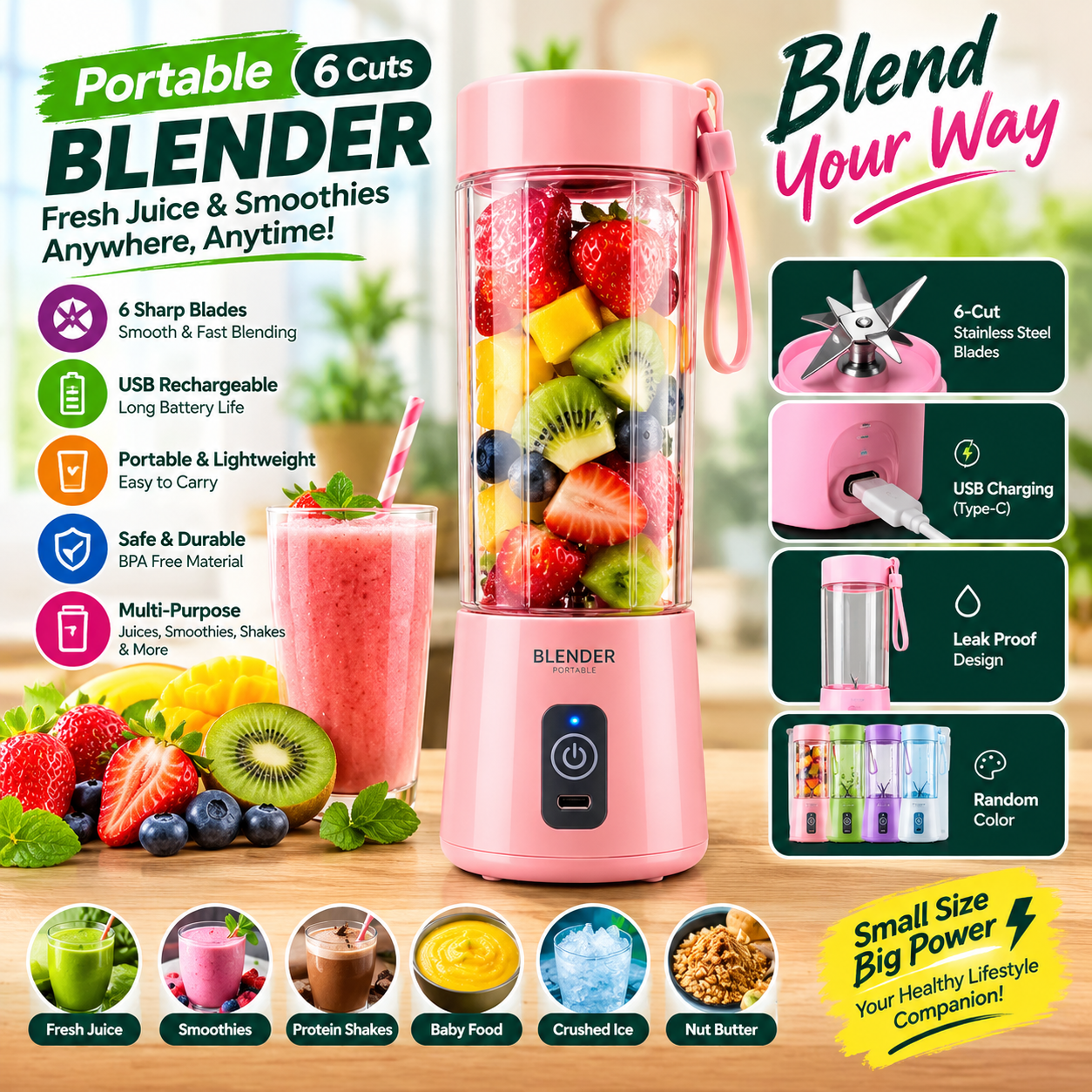 Portable 6-Blade USB Rechargeable Blender – Personal Smoothie & Juice Maker Cup  Alternative High-Converting Titles:  Portable USB Rechargeable Blender – 6 Blade Mini Smoothie Maker Personal Fruit Juicer Cup – USB Charging Portable Blender Mini Portable Blender for Smoothies, Shakes & Fresh Juice 6-Cut Powerful Blender Cup – Rechargeable Travel Juicer Portable Electric Fruit Blender – USB Rechargeable Juice Maker Mini Smoothie Blender Bottle – Lightweight & Travel Friendly Rechargeable Personal Blender – Fresh Juice Anytime, Anywhere Portable Juicer Blender Cup – 6 Stainless Steel Blades Multi-Purpose USB Blender – Smoothies, Shakes & Baby Food Compact Portable Blender – Powerful 6-Blade Fruit Mixer  Recommended Title (Best for Dropshipping):  Portable 6-Blade USB Rechargeable Blender – Personal Smoothie, Shake & Juice Maker Cup 🚀
