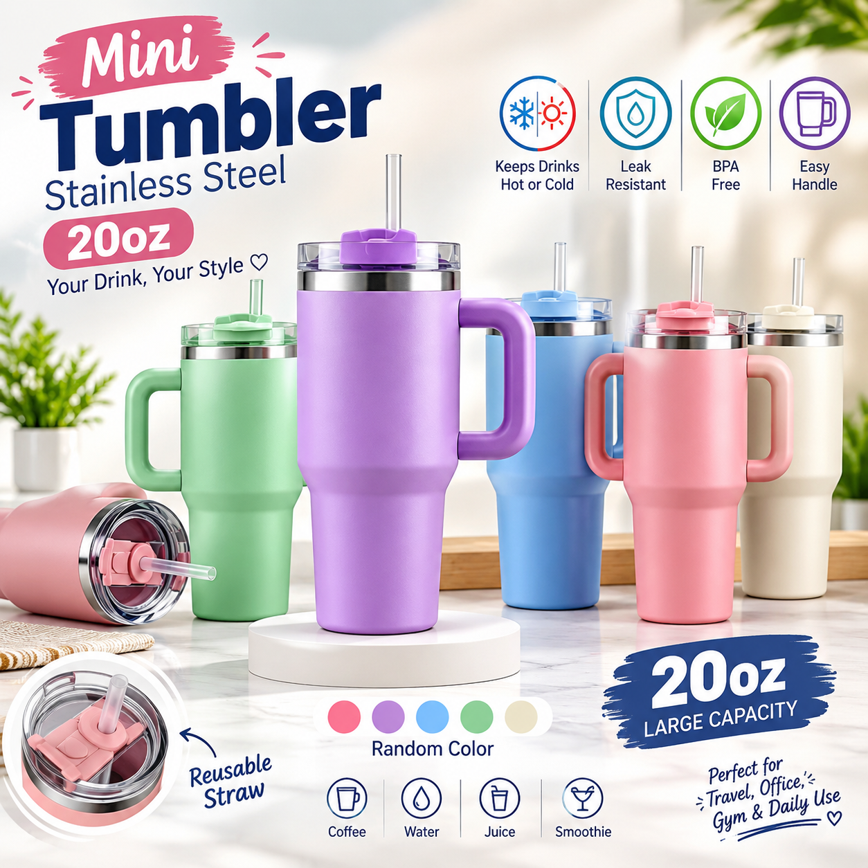 40oz Insulated Stainless Steel Travel Tumbler with Handle & Straw – Leak Resistant Thermal Cup