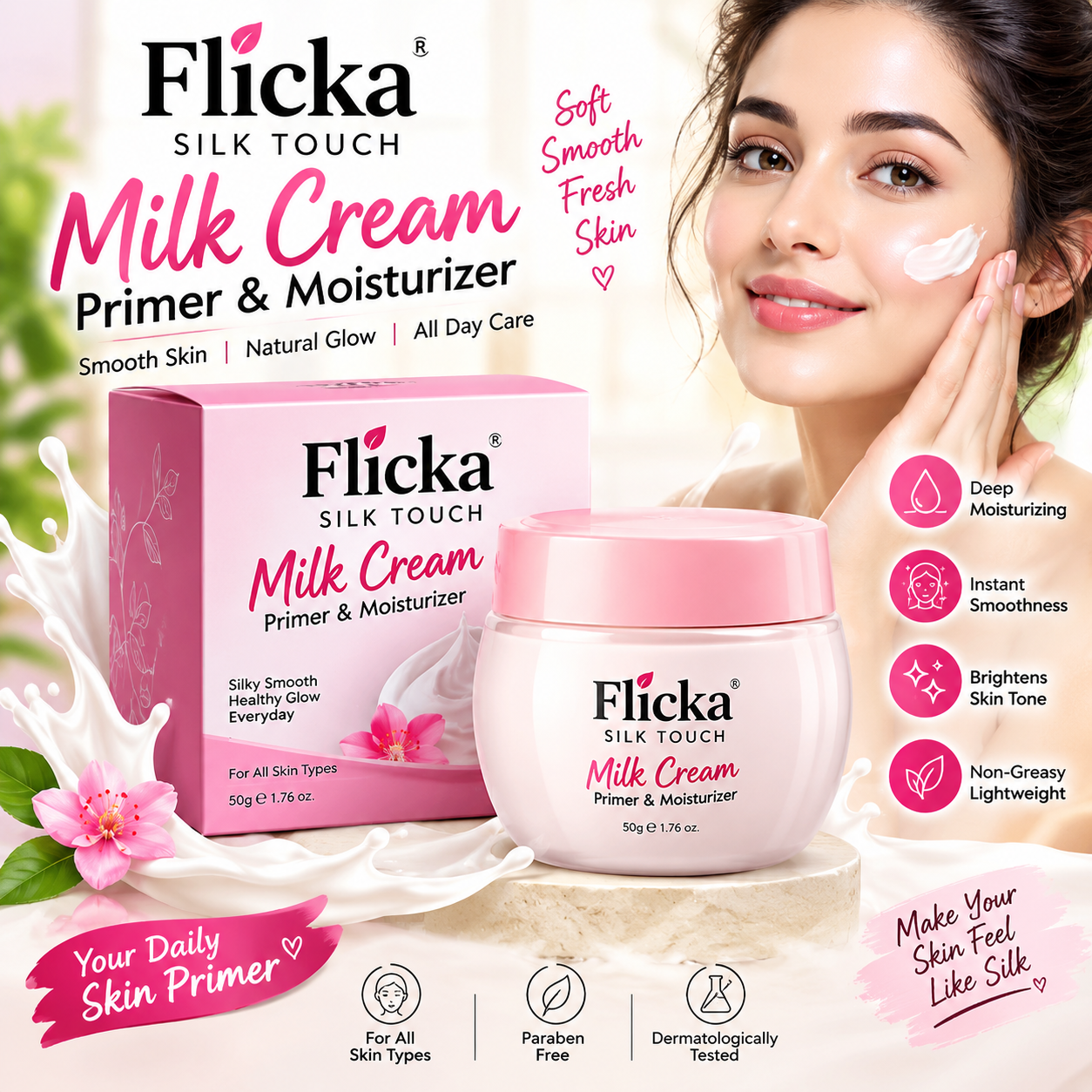 Flicka Silk Touch Milk Cream Primer & Moisturizer – Smooth & Hydrating Face Cream for Soft Glowing Skin