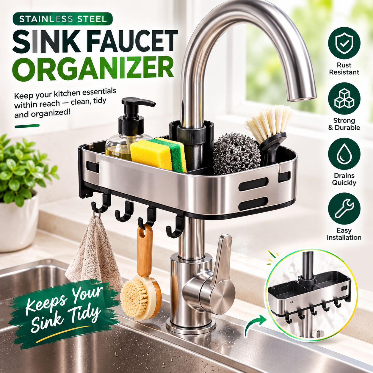 Stainless Steel Sink Faucet Organizer Rack – Kitchen Sponge, Soap & Brush Holder with Drainage Design