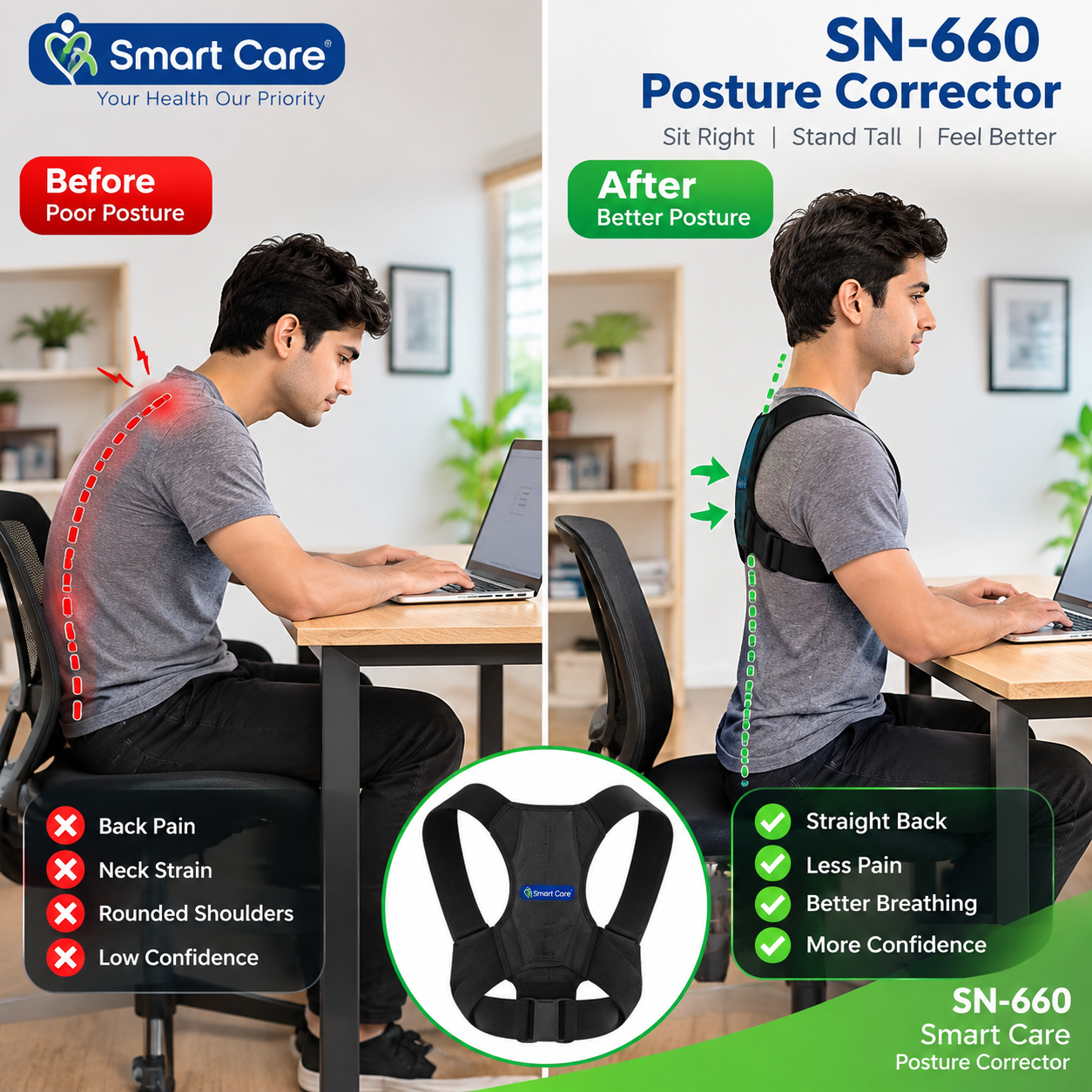 SN-660 Smart Posture Corrector Brace – Adjustable Upper Back & Shoulder Support Belt for Men & Women | Comfortable Posture Alignment & Daily Wear
