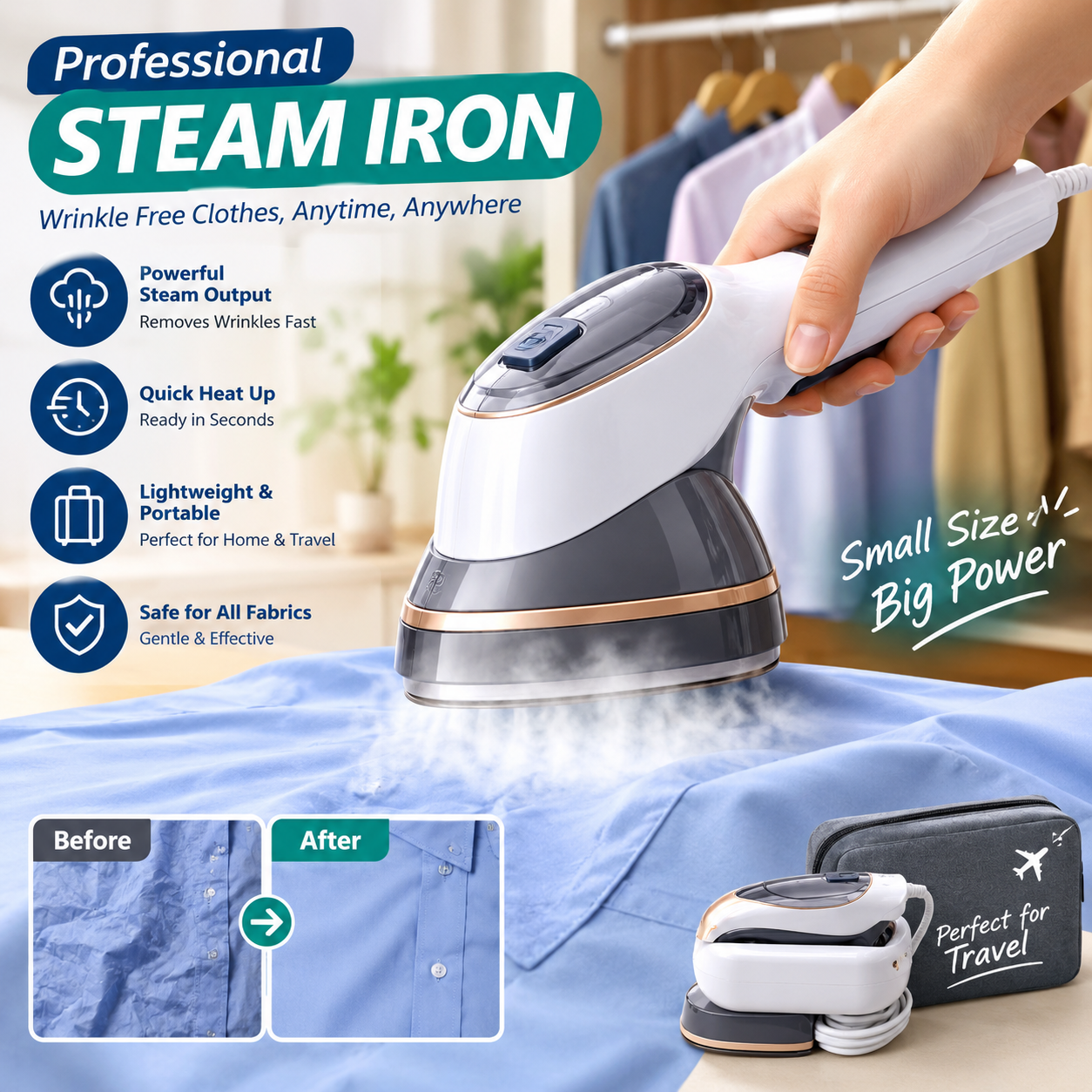 Portable Mini Electric Steam Iron – Handheld Garment Steamer for Clothes