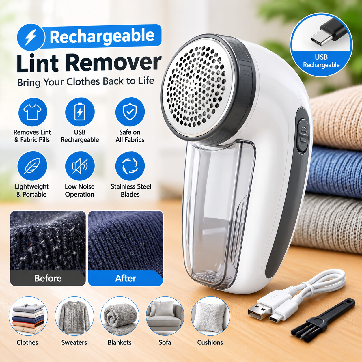 Rechargeable Electric Lint Remover – Portable Fabric Shaver for Clothes, Sweaters & Upholstery