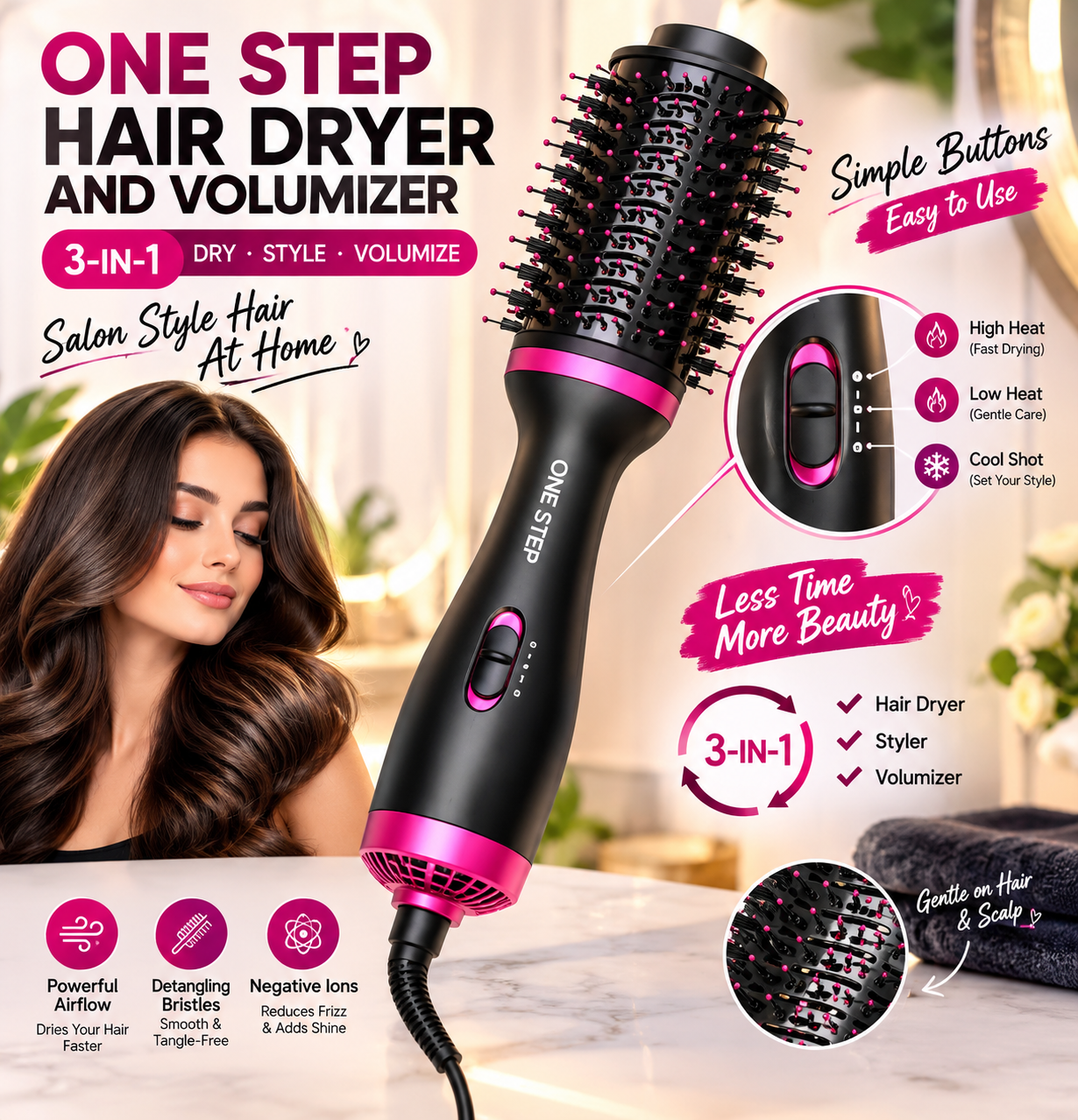 One Step Hair Dryer & Volumizer 3-in-1 Hot Air Styling Brush – Hair Dryer, Straightener & Curler for Easy Salon Styling