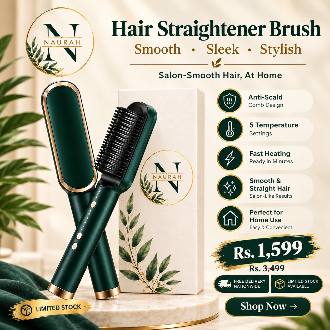 Professional Hair Straightener Brush – Anti-Scald Comb with 5 Temperature Settings