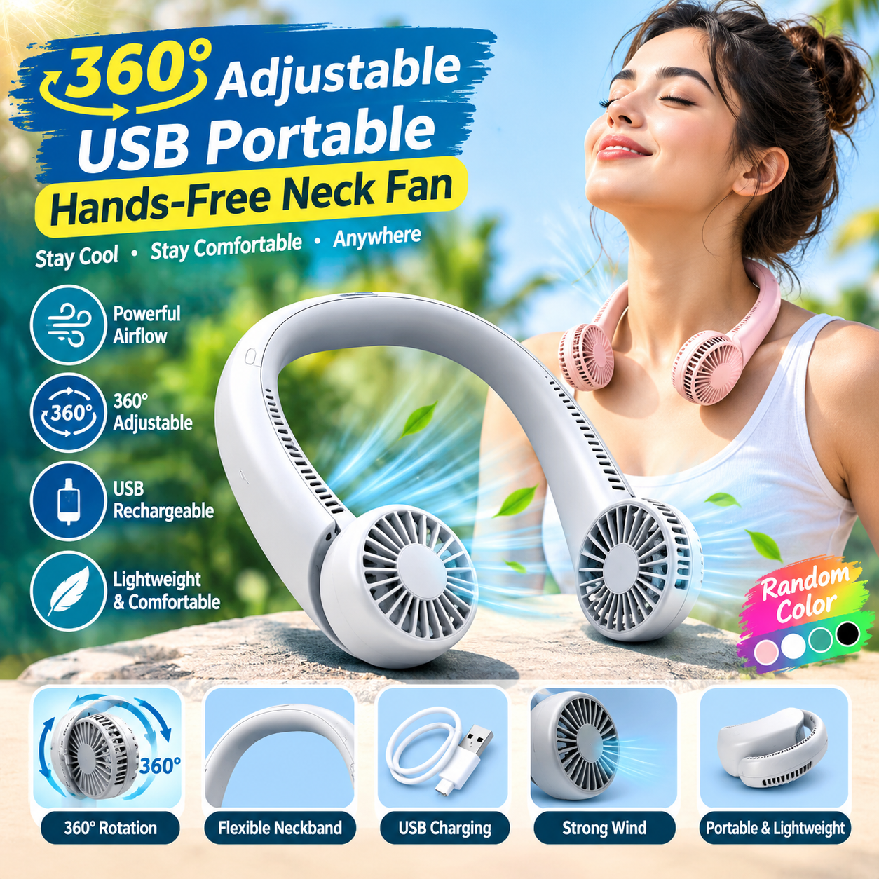 360° Adjustable USB Rechargeable Portable Hands-Free Neck Fan – Bladeless Personal Cooling Fan for Indoor & Outdoor Use (Random Color)