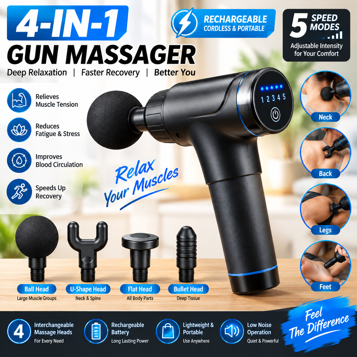 4-in-1 Rechargeable Massage Gun – 5 Speed Modes Deep Tissue Massager for Neck, Foot, Back & Muscle Relaxation