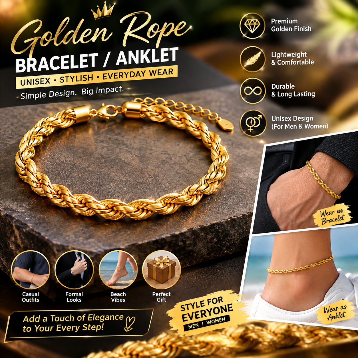 Golden Rope Bracelet / Anklet – Stylish Unisex Braided Chain Bracelet & Ankle Accessory for Men & Women ✨