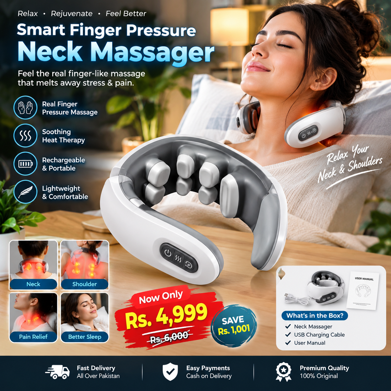 Smart Finger Pressure Neck Massager – Electric Deep Tissue Neck & Shoulder Massager | Rechargeable Portable Pain Relief Device